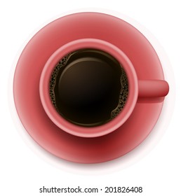 Illustration of a topview of a red cup with coffee on a white background