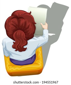 Illustration of a topview of a woman sitting down on a white background