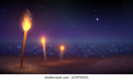 Illustration with torches on the beach at night against a blurred sea