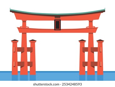 Ilustración de la puerta torii del Santuario Miyajima Itsukushima en Japón. Patrimonio de la Humanidad, Atracción turística, Fondo blanco, Datos del Vector