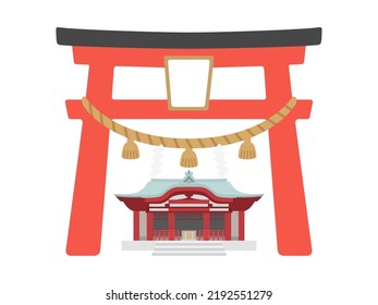 An illustration of a torii gate with a sacred straw rope and the exterior of a shrine.