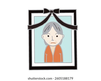 Illustration of a torso photograph of an elderly gray-haired woman in a black frame for a funeral