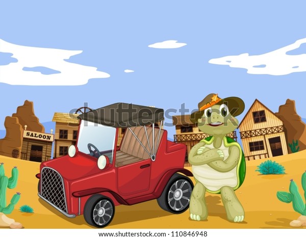 illustration of\
tortoise and car infornt of\
saloon