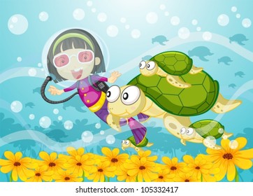 illustration of a tortoise and girl in water