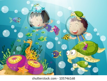 illustration of tortoise and kids in submarine