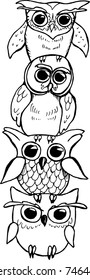 Illustration of a totem of owls. Owls on top of each other