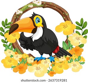 Illustration of a toucan bird with colorful flowers and leafy frame