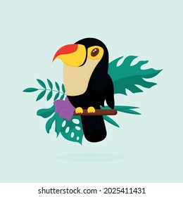 Illustration of a toucan bird with a red beak on a background of tropical leaves and flowers