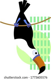 An illustration  with a toucan bird sitting on a branch. Abstract green background.