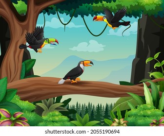 Illustration of toucan birds flying in the jungle