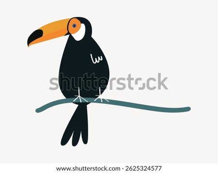 Illustration of a toucan with a large orange beak, perched on a branch. The toucan features bold colors and a simplistic design, emphasizing its beak and posture. Animal illustration vector.