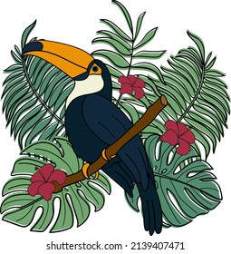 Illustration of a toucan on a branch against a background of tropical leaves. Summer illustration with a tropical bird and leaves. Vector flat image 