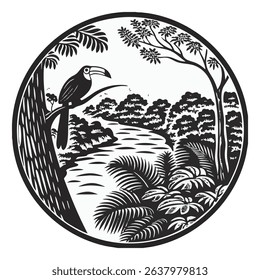 illustration of a toucan on a tree branch in a forest