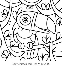 Illustration of toucan on tree in line style, it is suitable for coloring book.