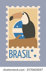 Illustration of a toucan sitting on a branch, with the Brazilian flag in the background, framed as a postage stamp on a gray background. Vector illustration