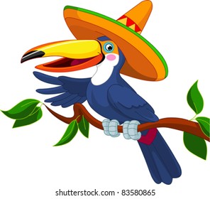 Illustration of toucan with sombrero sitting on tree branch