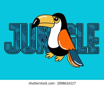 ILLUSTRATION TOUCAN TEXT JUNGLE WITH LEAVES