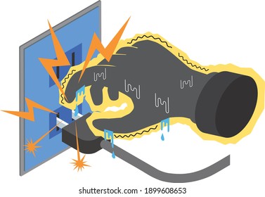 Illustration of touching the outlet with wet hands and getting an electric shock