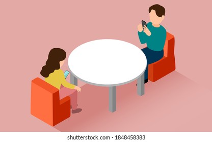Illustration of touching a smartphone during a date isometric