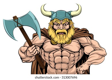 An illustration of a tough looking Viking Warrior mascot with an axe