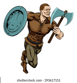 An illustration of a tough looking warrior mascot running with axe and shield