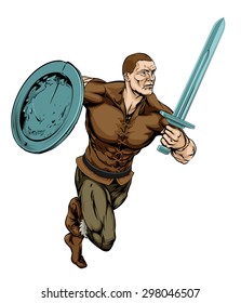An illustration of a tough looking Warrior running with sword and shield