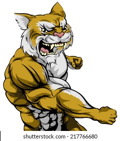 An illustration of a tough wildcat animal character or sports mascot punching