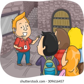 Illustration of a Tour Guide Guiding a Group of Tourists Inside a Castle