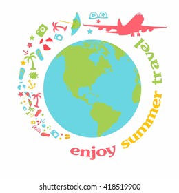 Illustration for tourism industry, travelling on airplane, planning summer vacations. Earth, ball, palm, seashell, eyeglass.