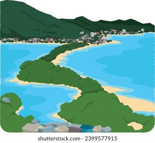 Illustration of tourist attractions in Japan. Amanohashidate is a sand spit located between Miyazu Bay and the Aso Sea in northern Kyoto Prefecture. One of Japan's three scenic views.