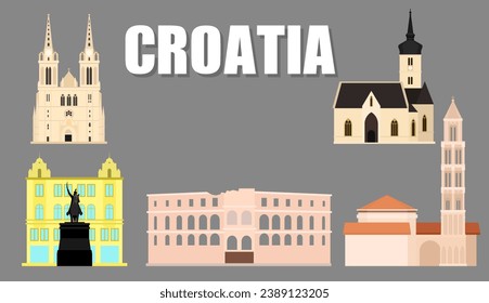 Ilustración, lugares de interés turístico de Croacia Incluye la Iglesia de San Marcos, la Plaza Ban Jelacic, la Catedral de Zagreb, el Arena Pula, el Palacio de Diocleciano Split, vector.