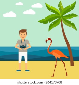 Illustration of a tourist and flamingos on the beach