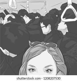 Illustration of tourist girl taking selfie photograph in crowded public transport