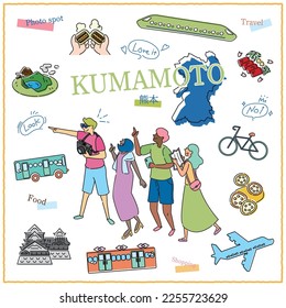 It is an illustration of a tourist and an icon set (line drawing) who enjoys gourmet sightseeing in Hokkaido, Japan.