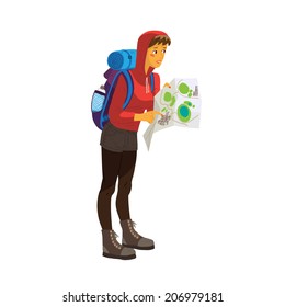 Illustration of tourist looking for a way with map