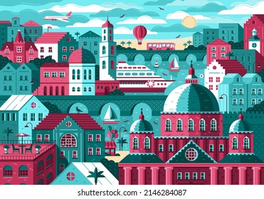 Illustration of a tourist sea city in a flat style. Urban landscape with buildings, bridges, transport, sea and sand hills