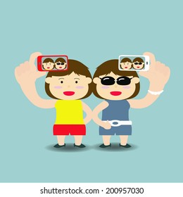 Illustration of tourist take photo them self by phone, selfie