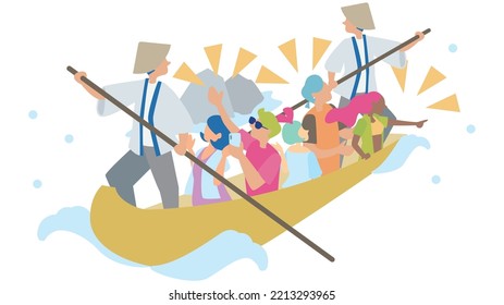 It is an illustration of a tourist who enjoys river rafting in Japan.