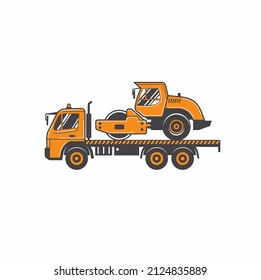 illustration of tow truck carrying road roller.