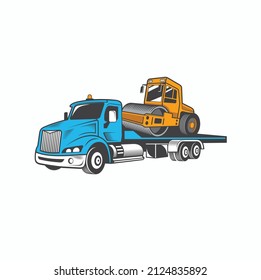 illustration of tow truck carrying road roller.