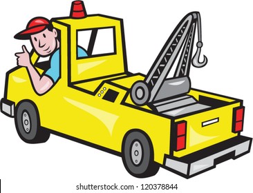 Illustration of a tow truck wrecker with driver thumb up on isolated white background.