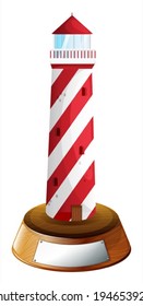 Illustration of a tower above the wooden stand with an empty label on a white background