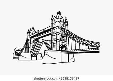Illustration of Tower Bridge in London. Black and white drawing of Tower Bridge. Iconic Tower Bridge sketch with raised bascules. London landmark, Tower Bridge art. Line art illustration vector.