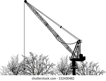 illustration with tower crane and bare trees isolated on white background