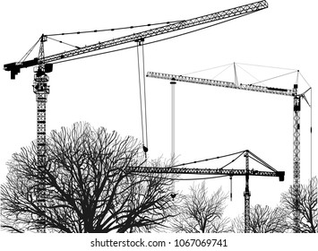 illustration with tower cranes and bare trees isolated on white background