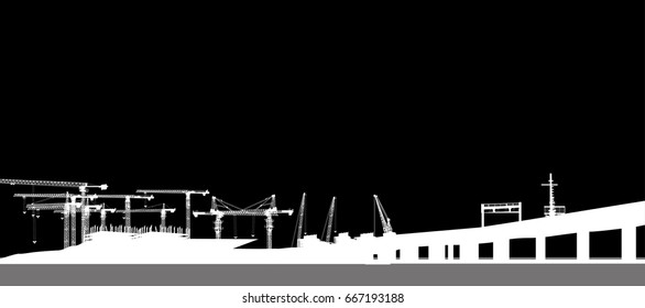 illustration with tower cranes and bridge on black background