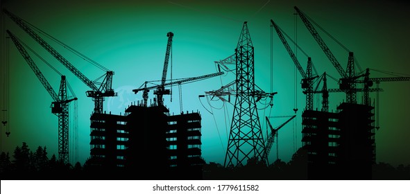 illustration with tower cranes and building on dark cyan background