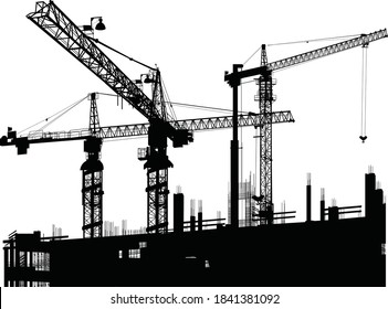 illustration with tower cranes and building on white background