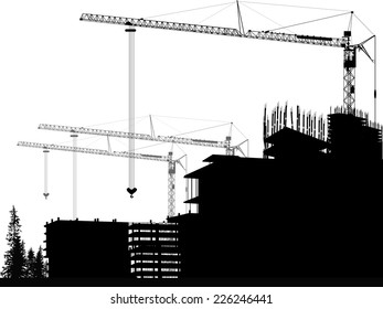illustration with tower cranes and building on white background