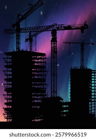 illustration with tower cranes and building on dark night sky background